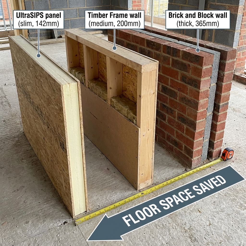 Wall thickness comparison graphic for different build-ups targeting around 0.18 W/m2K.